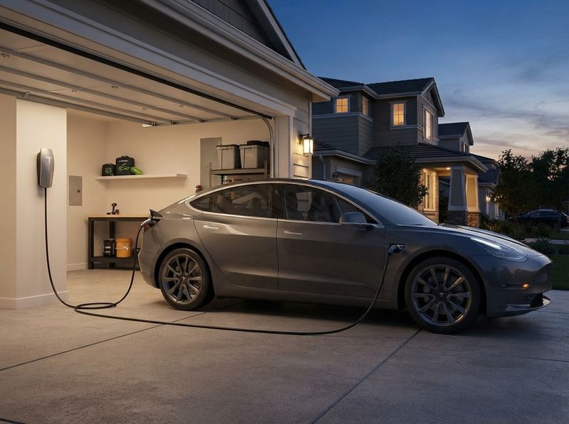 close-up of a NACS connector seated in a Tesla charge port with the car's char