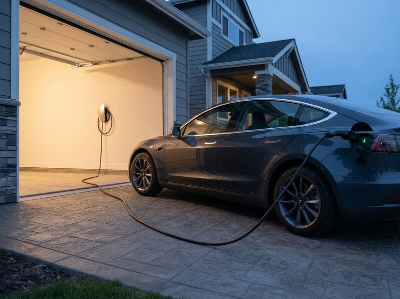 40 ft black EV cord running from an open garage to a Tesla parked on the stree