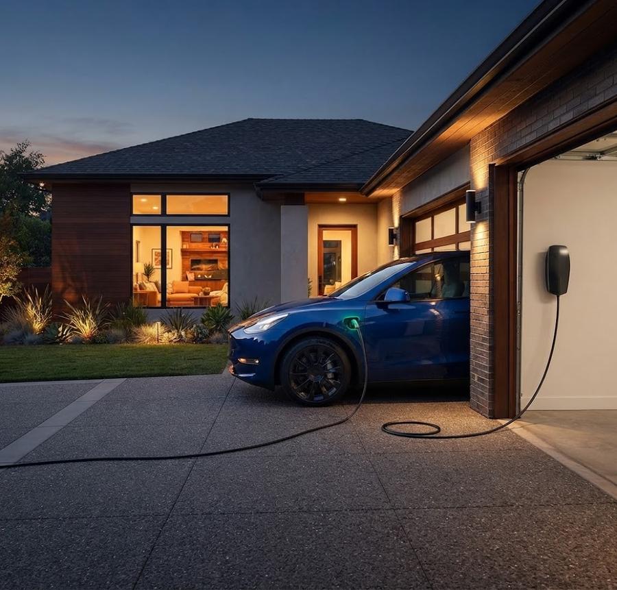 EV charging cord laid flat across a clean garage floor at night, connector LED