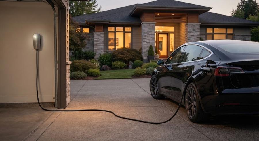 Ford F-150 Lightning charging in a driveway from a Tesla wall connector via an