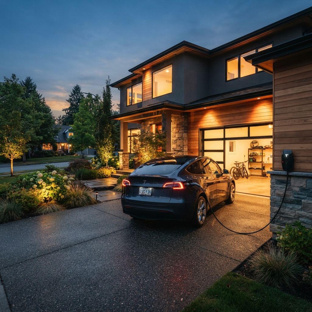 Trfikne NACS extension cord running from a garage wall connector to a Tesla in the driveway